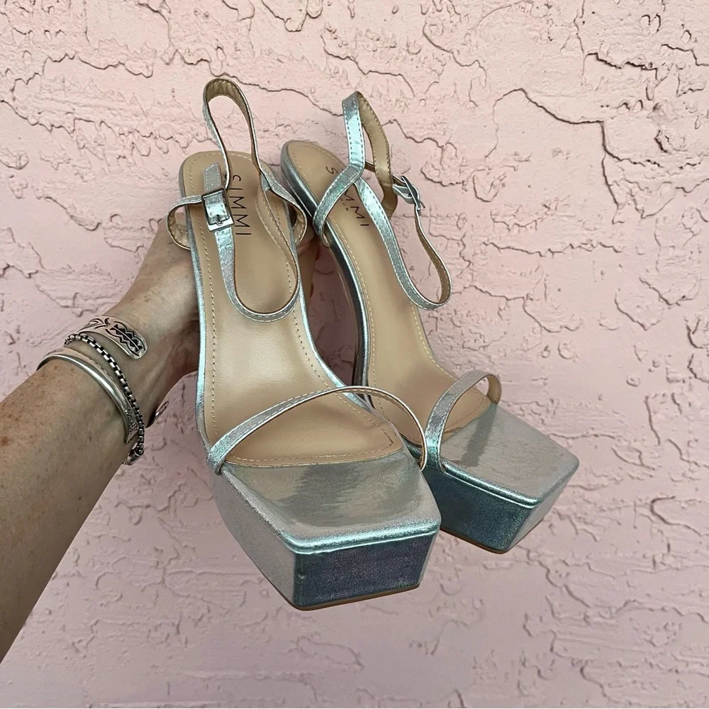 Simmi London Platform Metallic Iridescent Silver Genesis Heels Womens Size 7